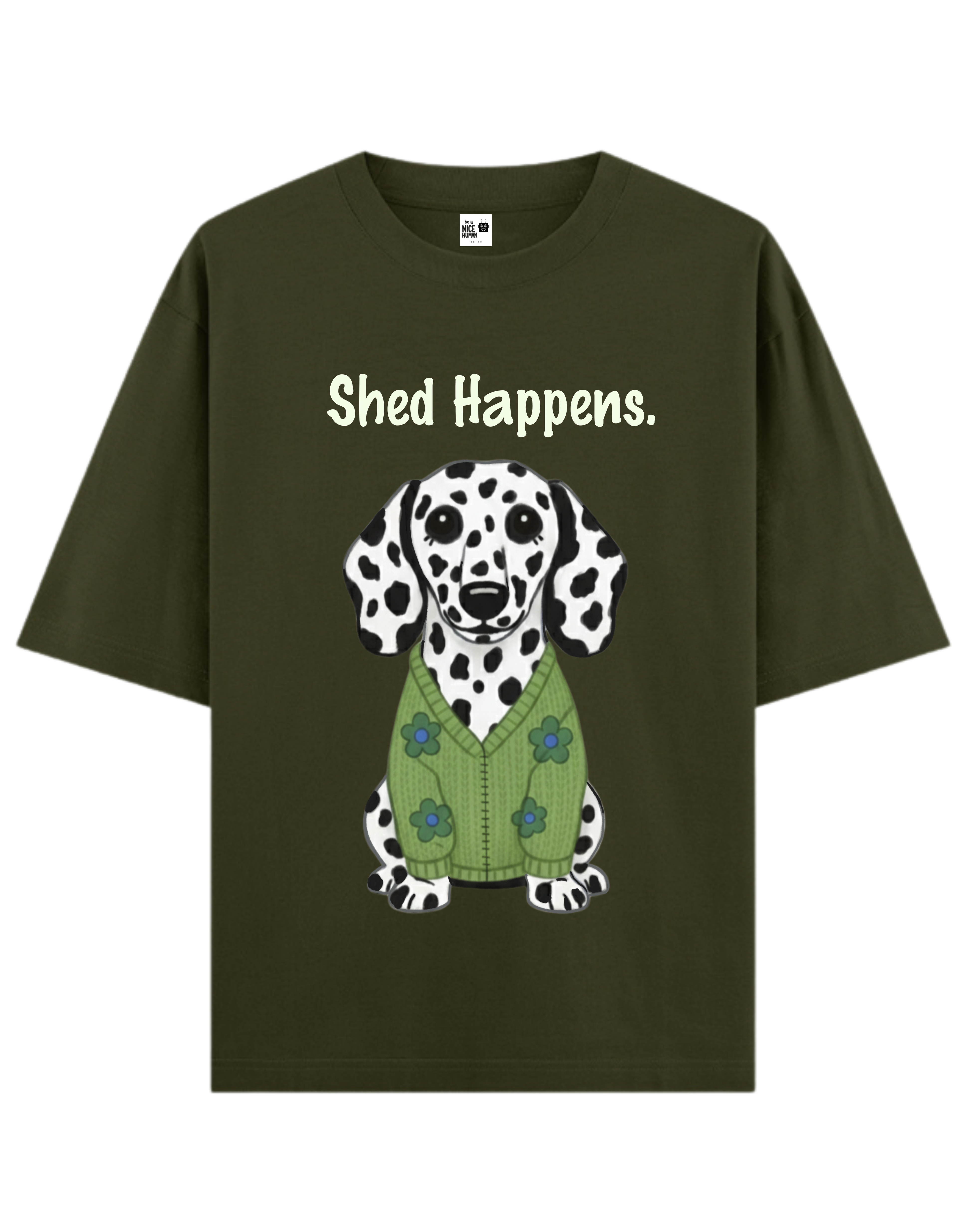 Dalmatian Dog in Green Cardigan Unisex Oversized T-Shirt
